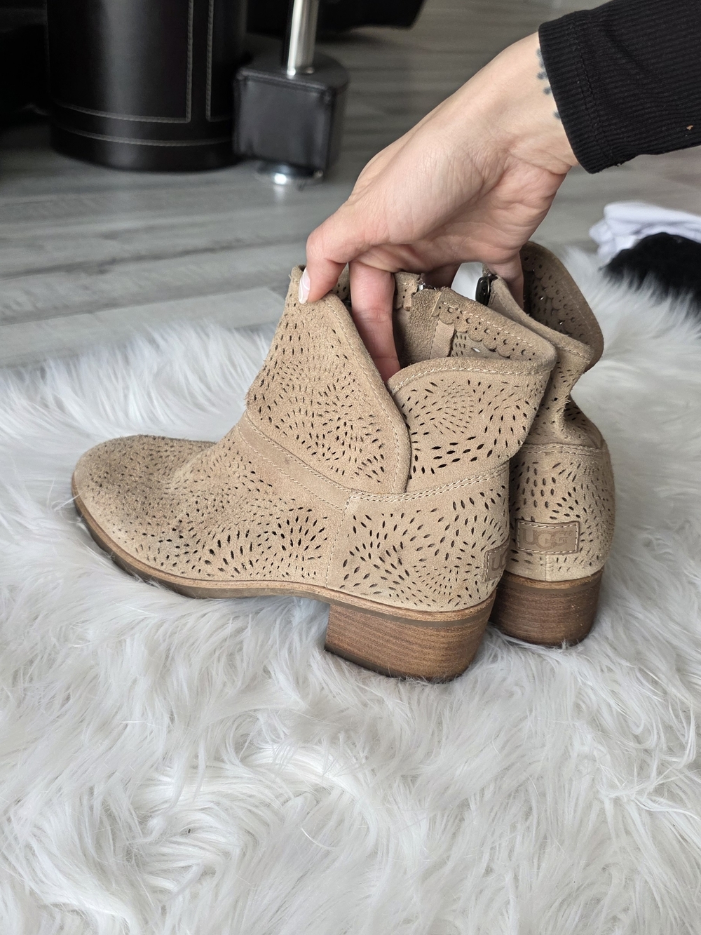 UGG Beige Suede Perforated Ankle Boots - Women's Fashion Booties
